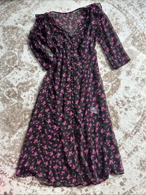 Express Black Button Down Midi Dress with Pink Floral Print